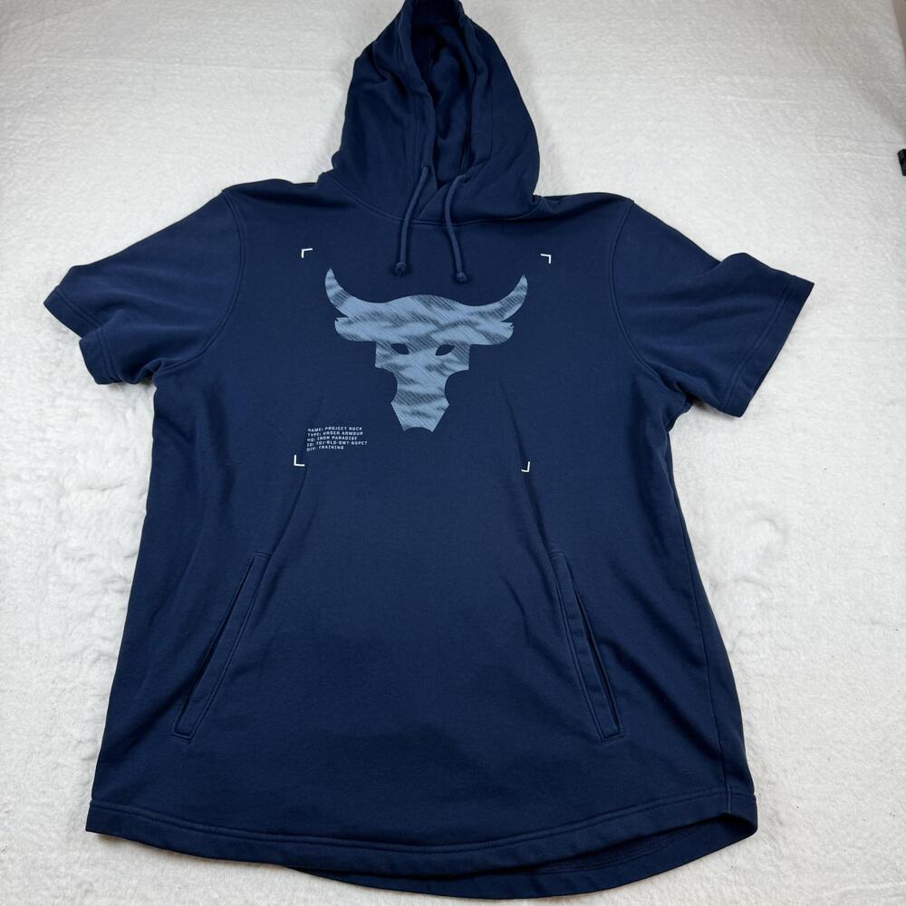 Under Armour Project Rock Hoodie Mens Size XL Blue Short Sleeve Fleece Pullover